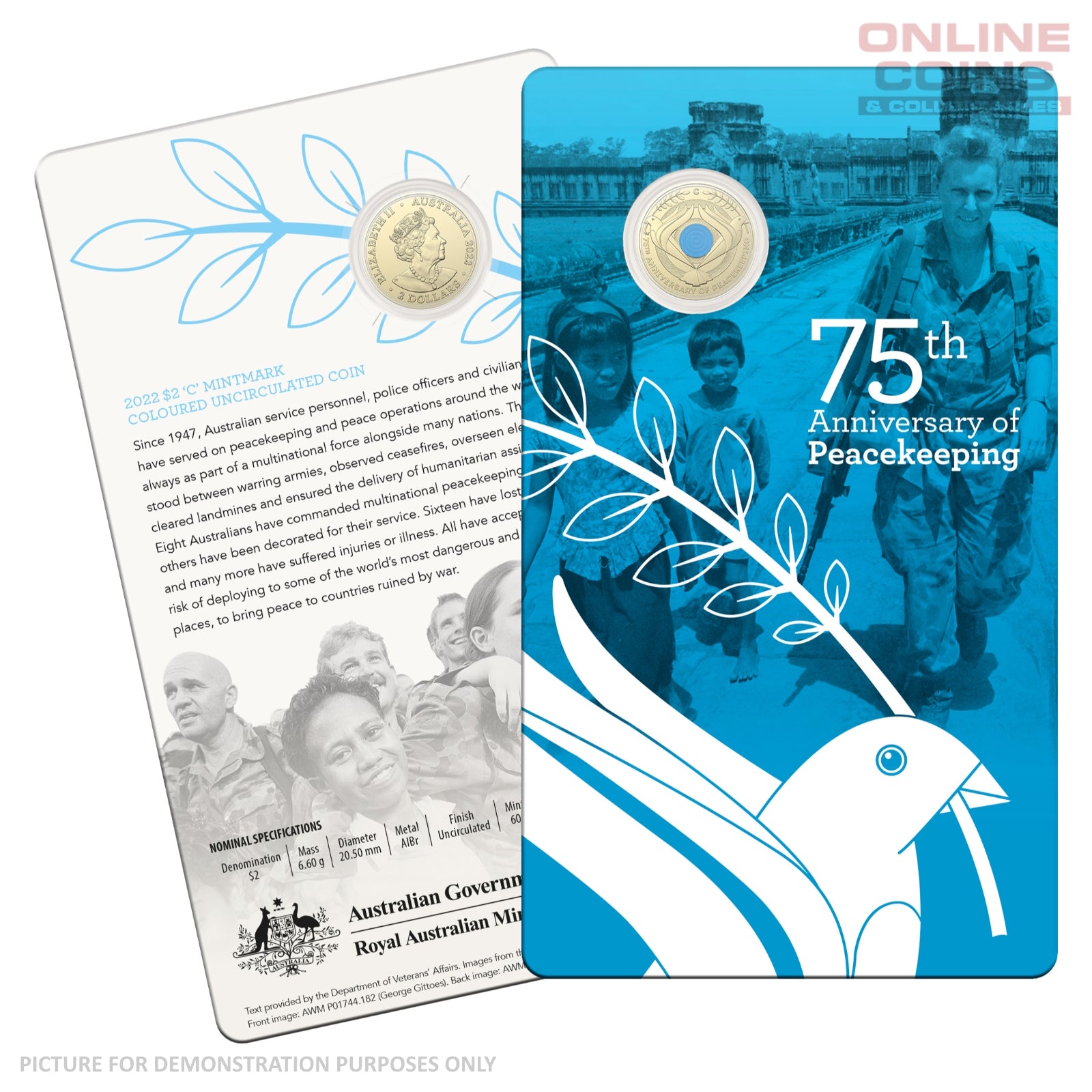 2022 $2 AlBr C Mintmark Coloured Uncirculating Carded Coin - 75th Anniversary of Peacekeeping